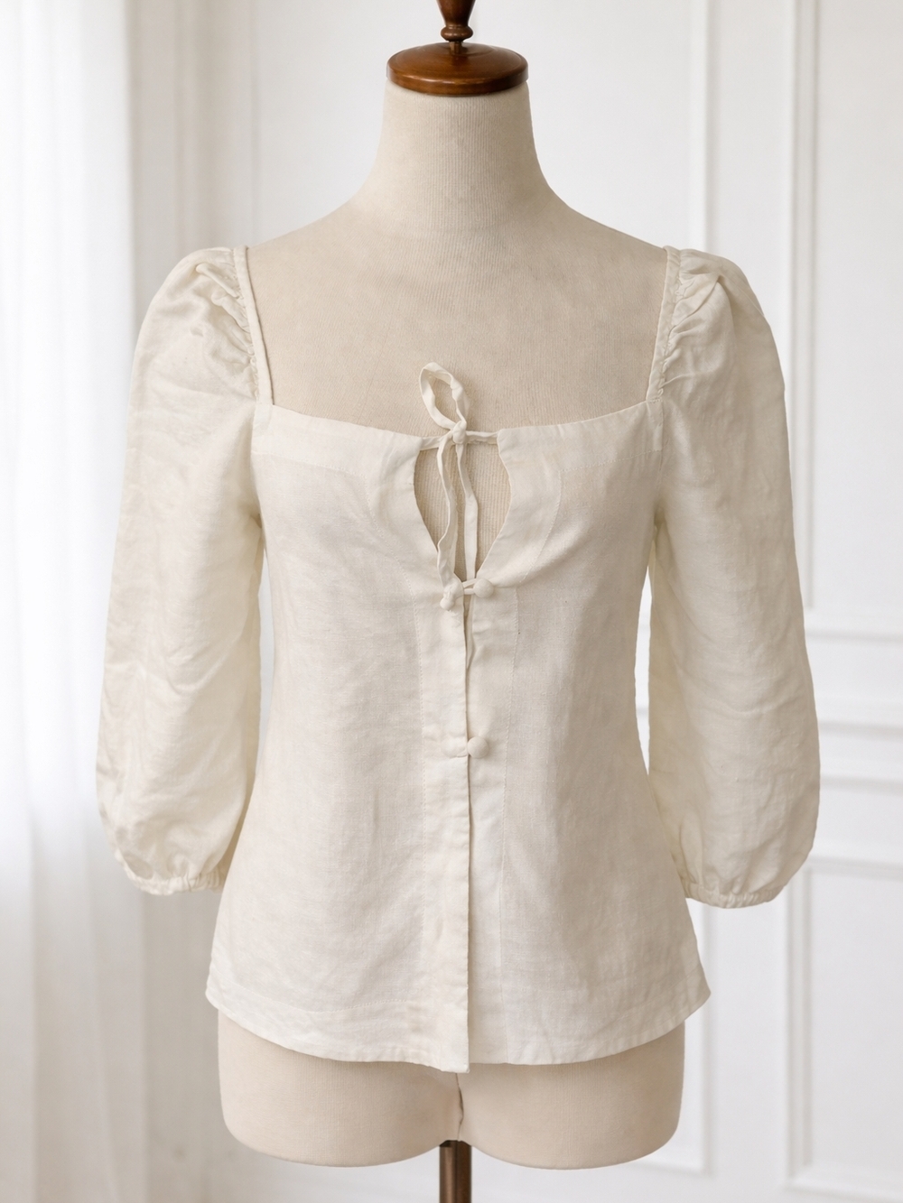 Casa Raki Nicola Organic Linen Puff Sleeve Tie-Front Top - White - Small